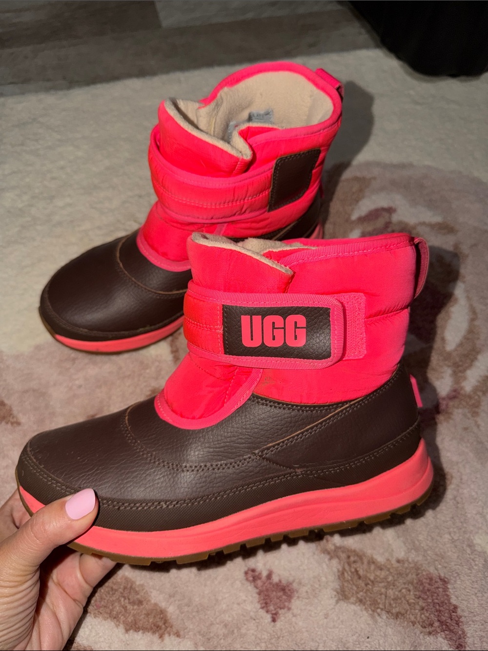 UGG Kids Brown and Hot Pink Insulated Snow Boot with Velcro Strap